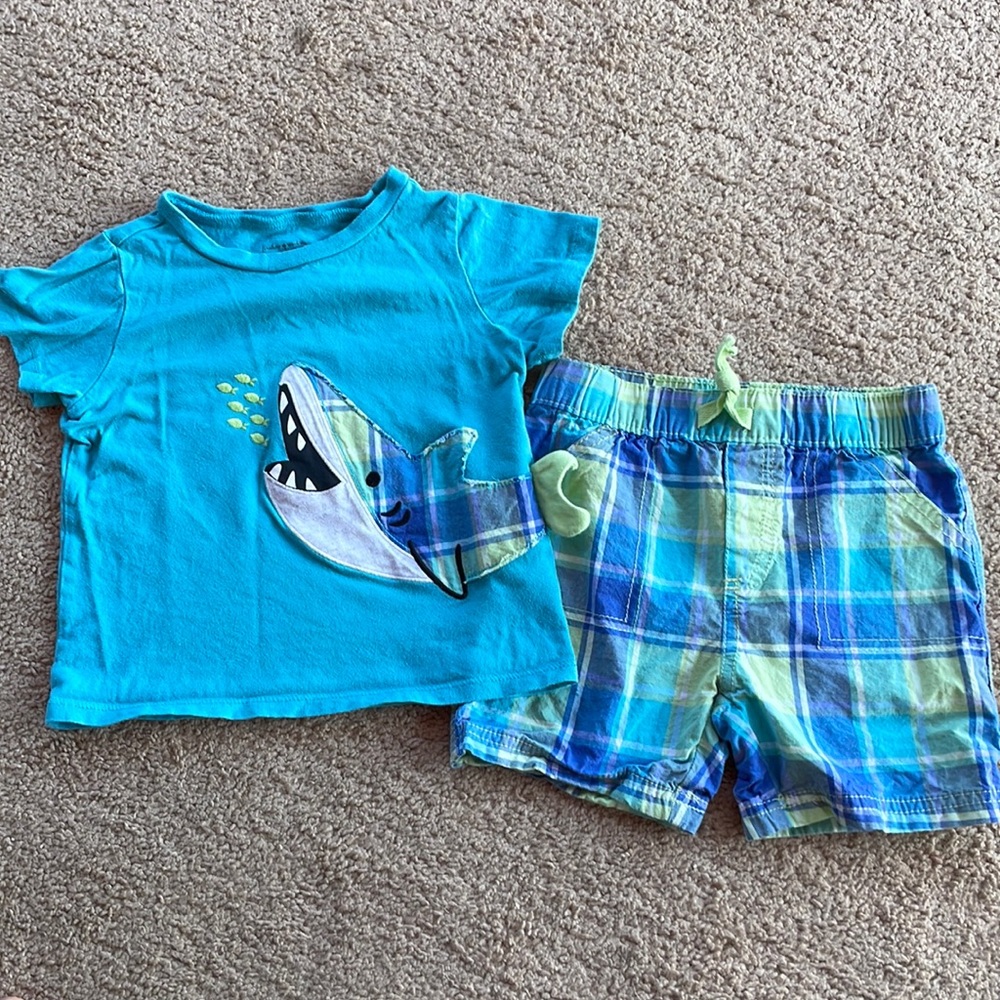 First Impressions 24M 2pc Shark Shirt and Matching Plaid Shorts 100%cotton